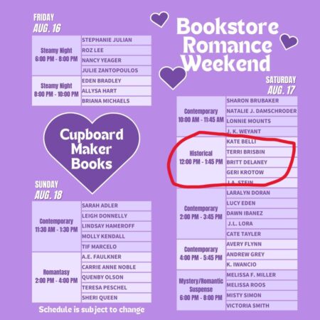 Image of a schedule or list of authors and the times they are signing at the Bookstore event